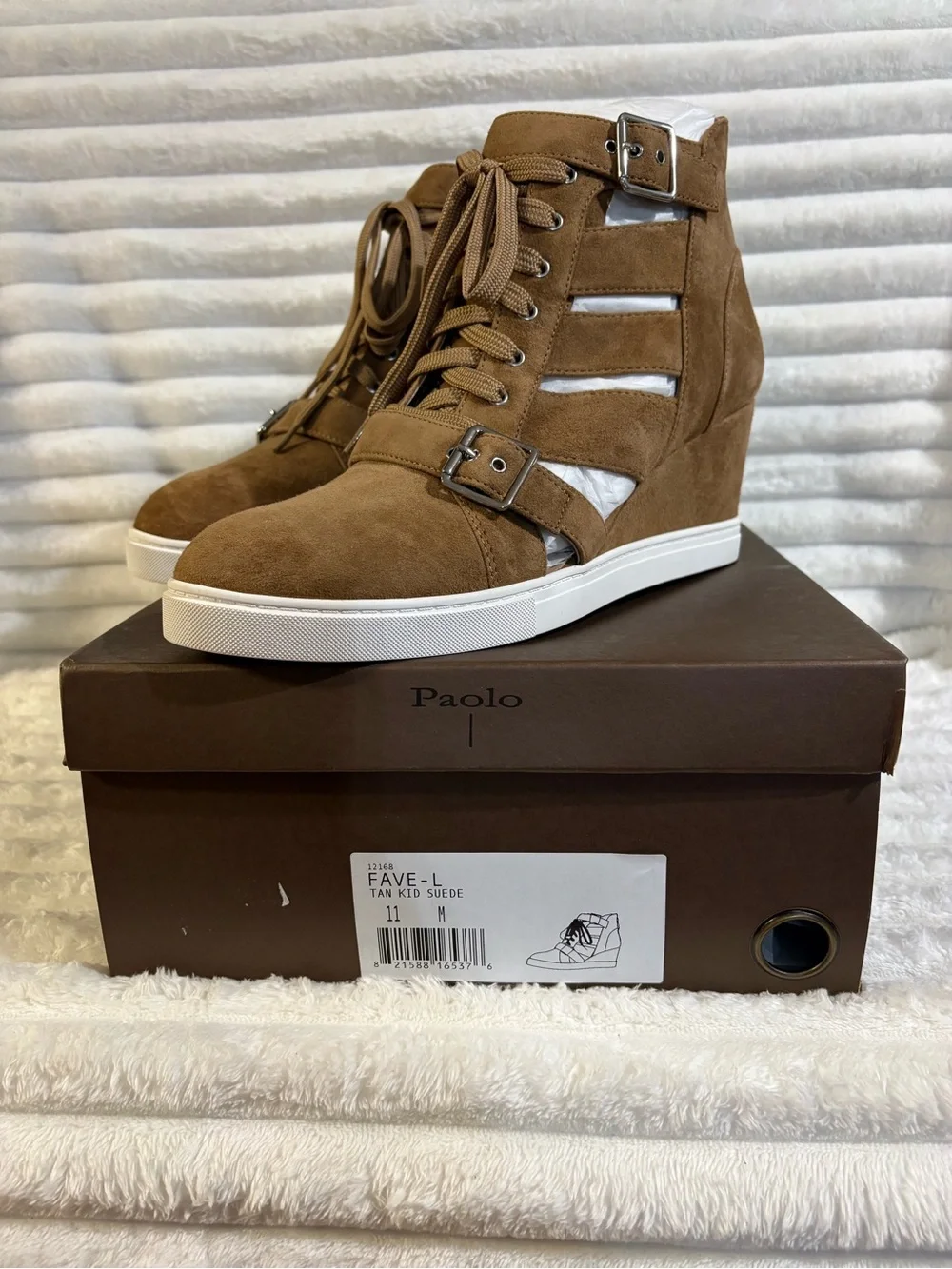 Linea Paolo Tan Kid Suede High-Top Lace-Up Sneakers with Buckles 11M